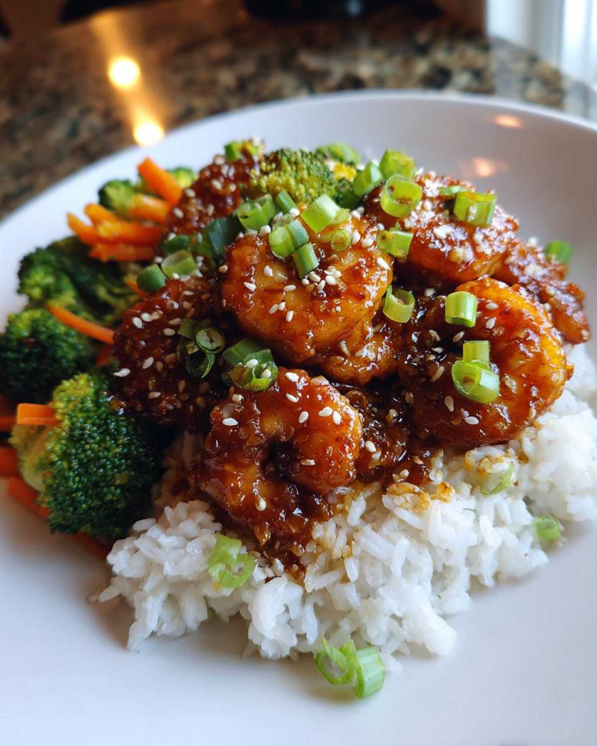 Close-up of a Honey Soy Shrimp Bowl with rice, topped with glazed shrimp, broccoli, carrots, and green onions.