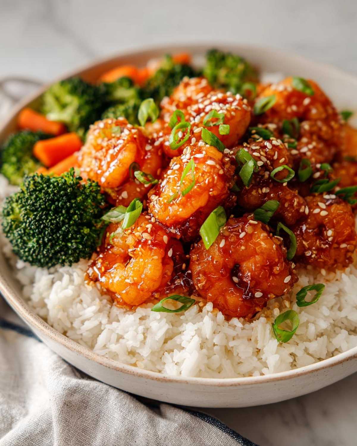 Close-up of a Honey Soy Shrimp Bowl with rice, topped with sesame seeds and green onions, served with steamed broccoli and carrots.