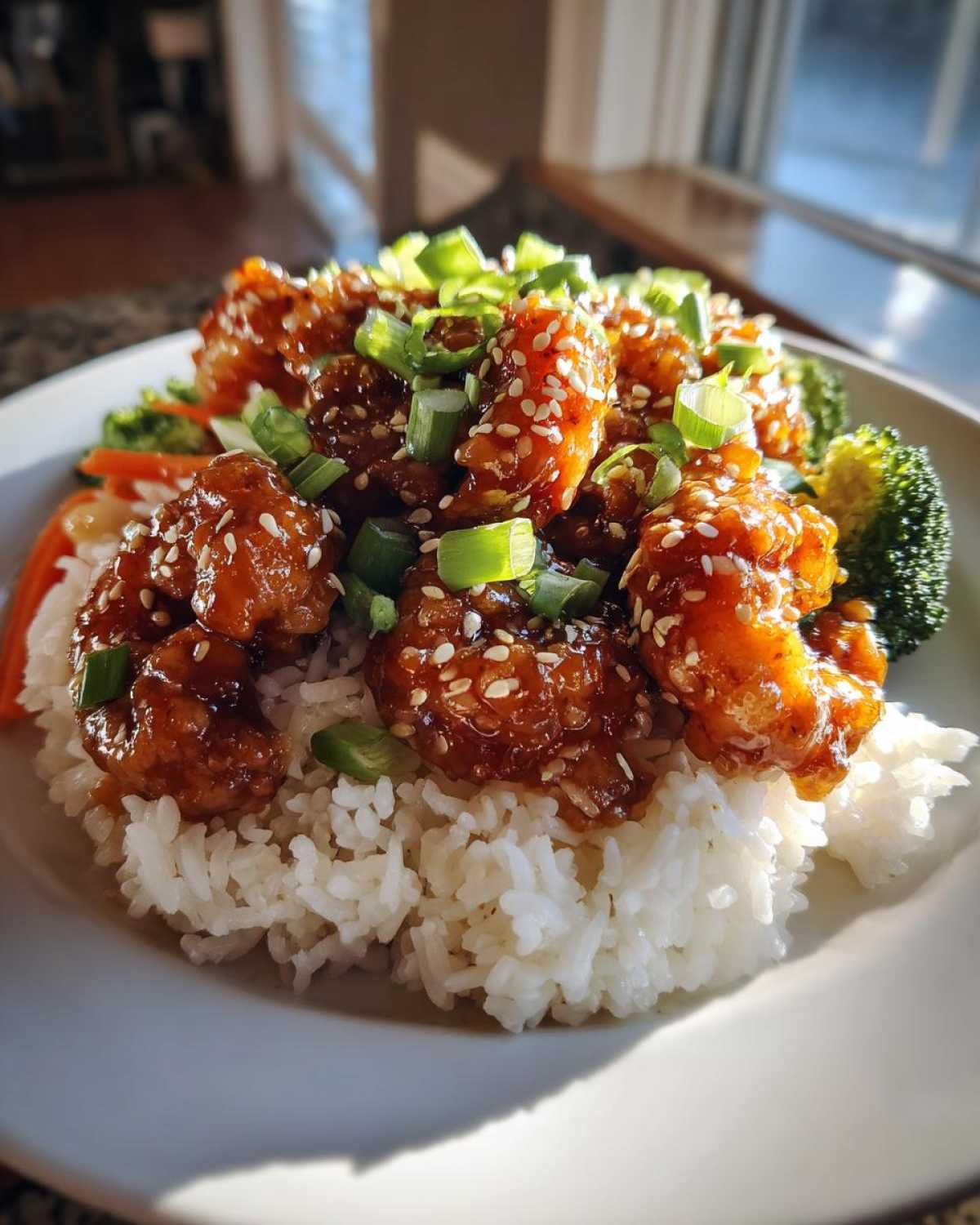Glazed Honey Soy Shrimp Bowl served over white rice, topped with sesame seeds and green onions.