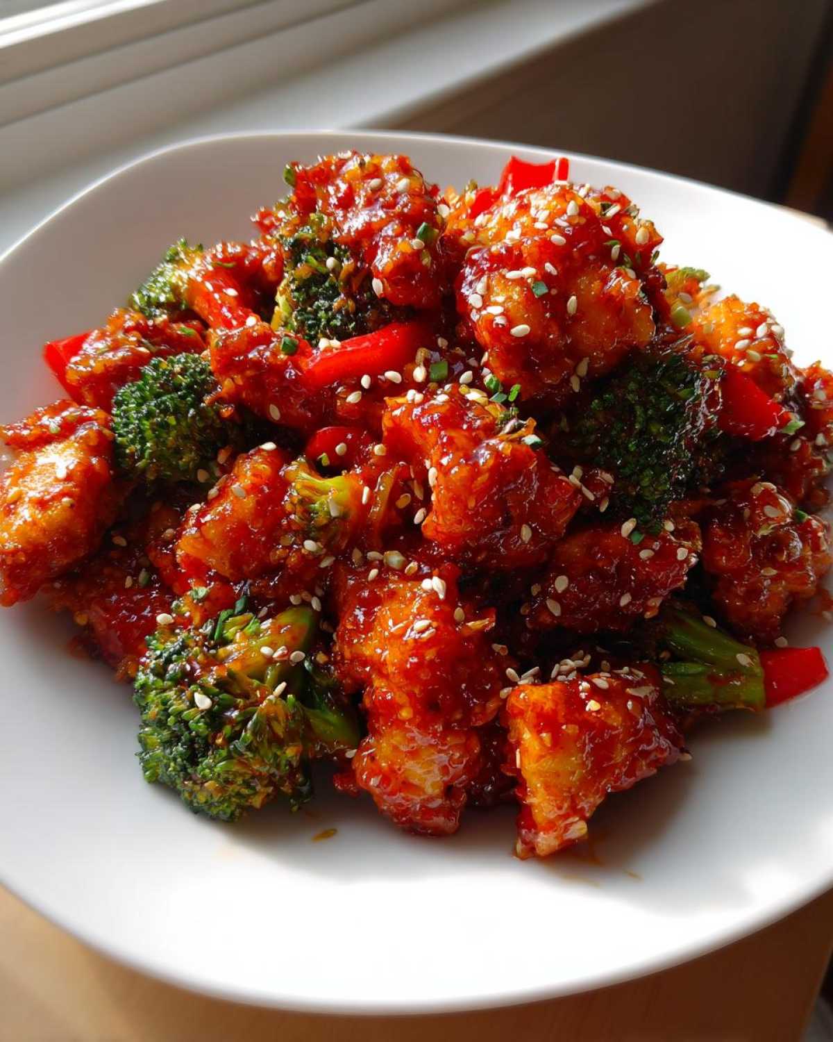 Close-up of Honey Sriracha Chicken Skillet pieces coated in a glossy red sauce with broccoli and sesame seeds.