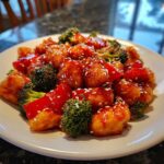 Close-up of Honey Sriracha Chicken Skillet pieces coated in sweet and spicy sauce with broccoli and red peppers, topped with sesame seeds.