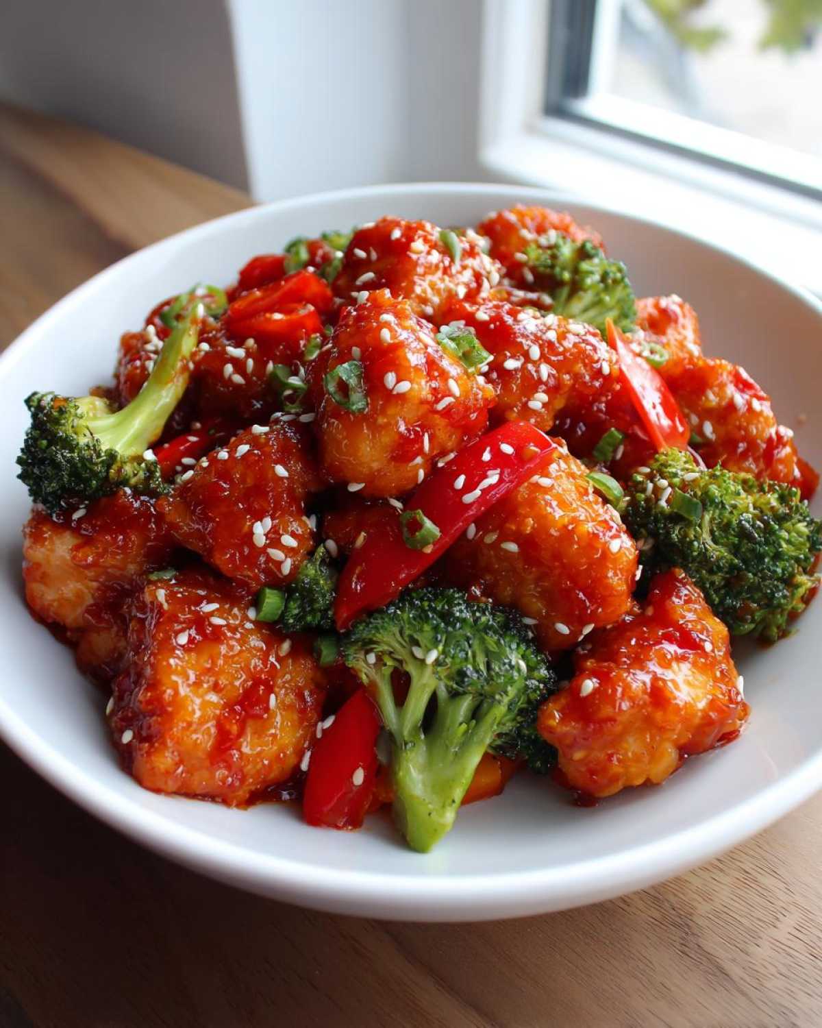 A white bowl filled with Honey Sriracha Chicken Skillet pieces, broccoli florets, and red peppers, topped with sesame seeds.