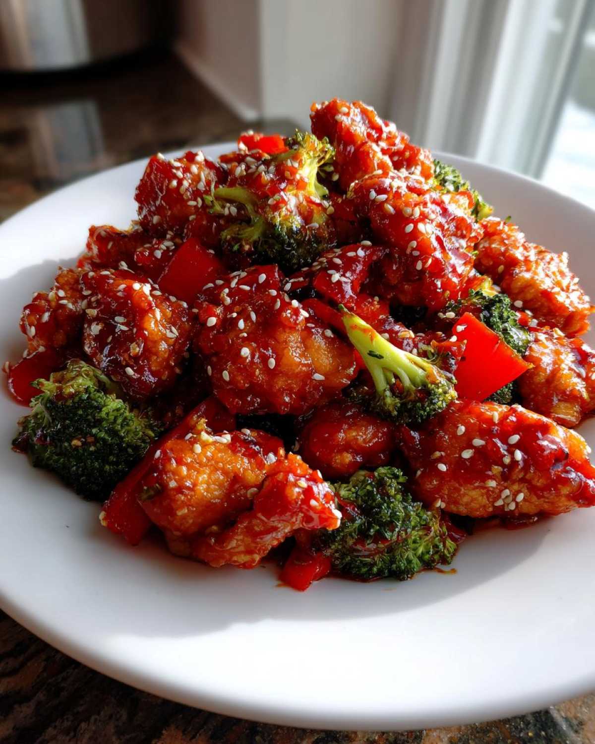 Close-up of Honey Sriracha Chicken Skillet pieces coated in a glossy sauce with broccoli and sesame seeds.