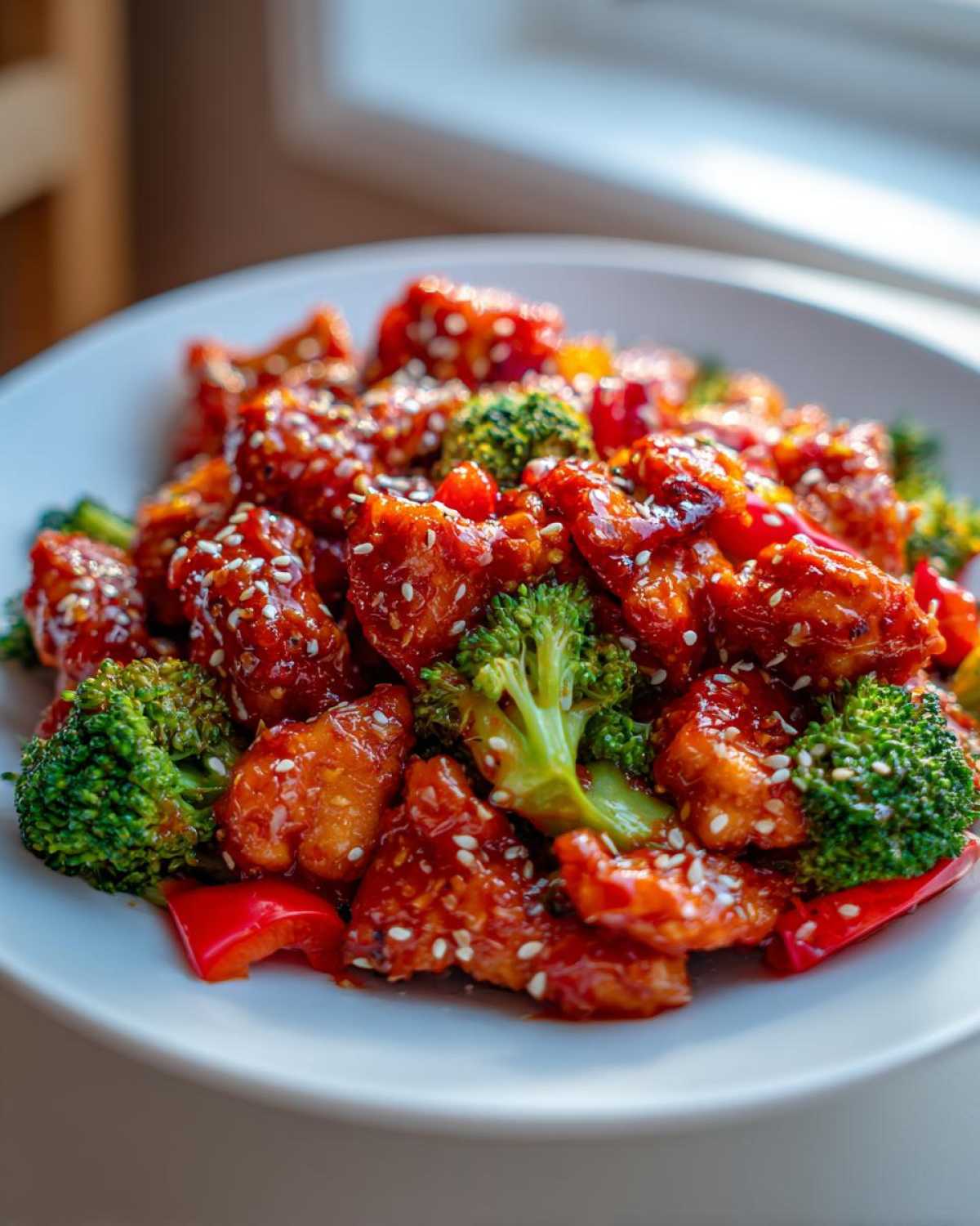 Close-up of Honey Sriracha Chicken Skillet pieces coated in a glossy red sauce, mixed with bright green broccoli florets and sprinkled with sesame seeds.