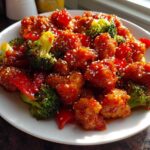 Close-up of Honey Sriracha Chicken Skillet pieces coated in sweet and spicy sauce with broccoli and red peppers, sprinkled with sesame seeds.