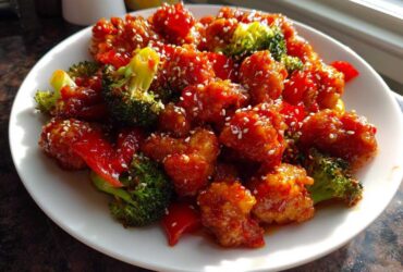 Close-up of Honey Sriracha Chicken Skillet pieces coated in sweet and spicy sauce with broccoli and red peppers, sprinkled with sesame seeds.