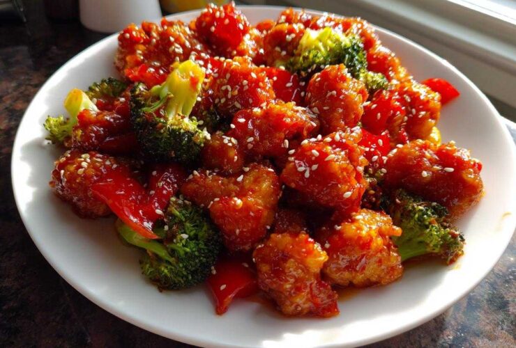 Close-up of Honey Sriracha Chicken Skillet pieces coated in sweet and spicy sauce with broccoli and red peppers, sprinkled with sesame seeds.
