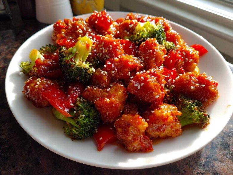 Close-up of Honey Sriracha Chicken Skillet pieces coated in sweet and spicy sauce with broccoli and red peppers, sprinkled with sesame seeds.
