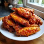 A pile of glistening, crispy Honey Sriracha Chicken Wings coated in a thick, sticky glaze, served on a white plate.