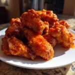 A pile of crispy oven baked Honey Sriracha Chicken Wings coated in a glossy, bright orange-red sauce on a white plate.