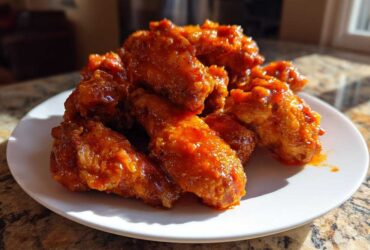 A pile of crispy oven baked Honey Sriracha Chicken Wings coated in a glossy, bright orange-red sauce on a white plate.