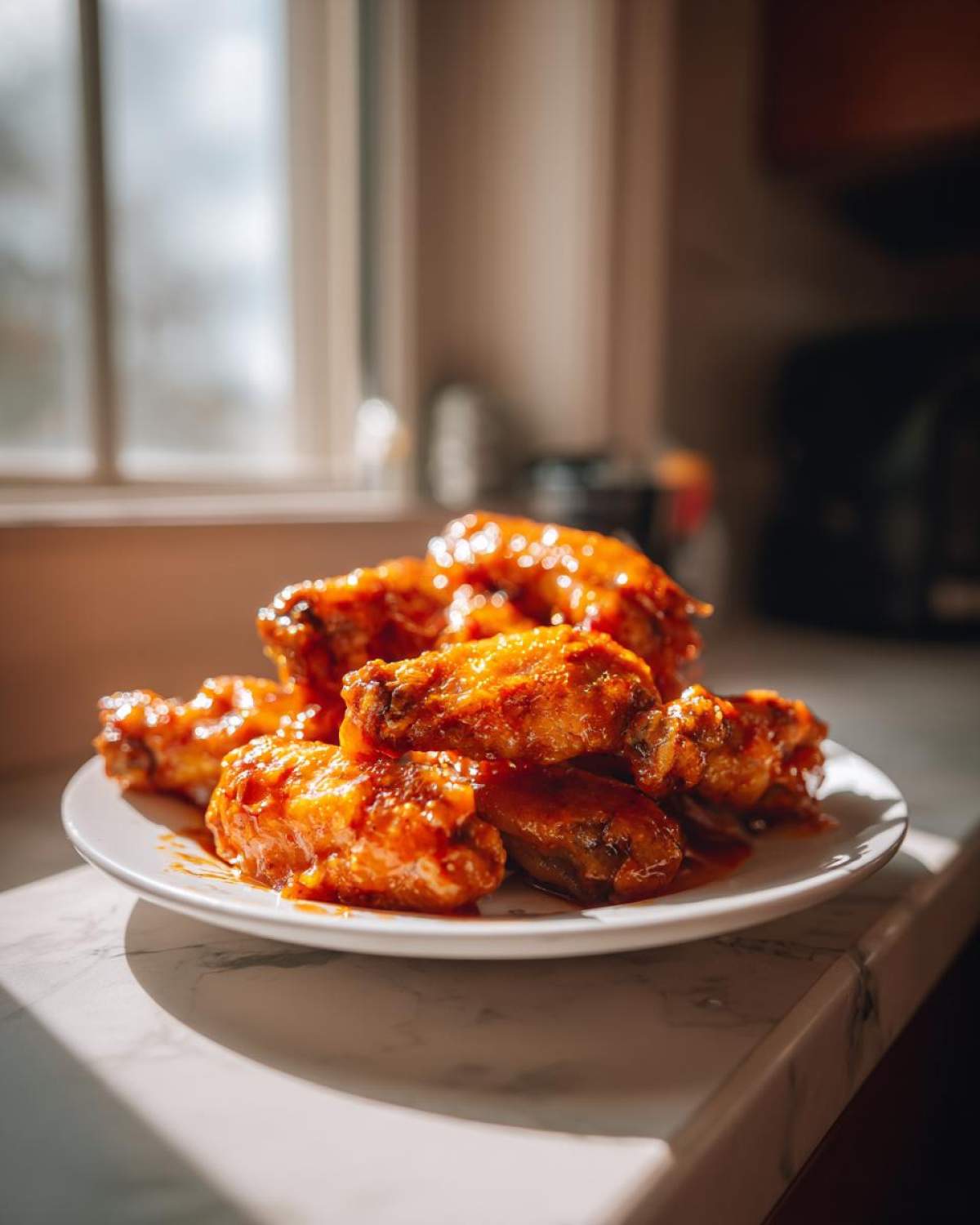 A plate piled high with glossy, sauce-covered Honey Sriracha Chicken Wings Crispy Oven Baked, glistening in natural light.