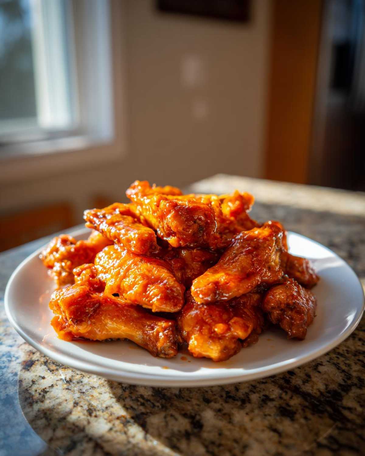 A pile of glossy, oven-baked Honey Sriracha Chicken Wings coated in a bright orange glaze, served on a white plate.