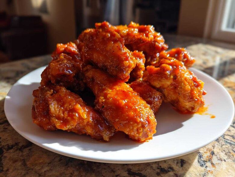 A pile of crispy oven baked Honey Sriracha Chicken Wings coated in a glossy, bright orange-red sauce on a white plate.