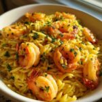A close-up of a white bowl filled with bright yellow Lemon Garlic Shrimp Orzo, topped with cooked shrimp and fresh parsley.