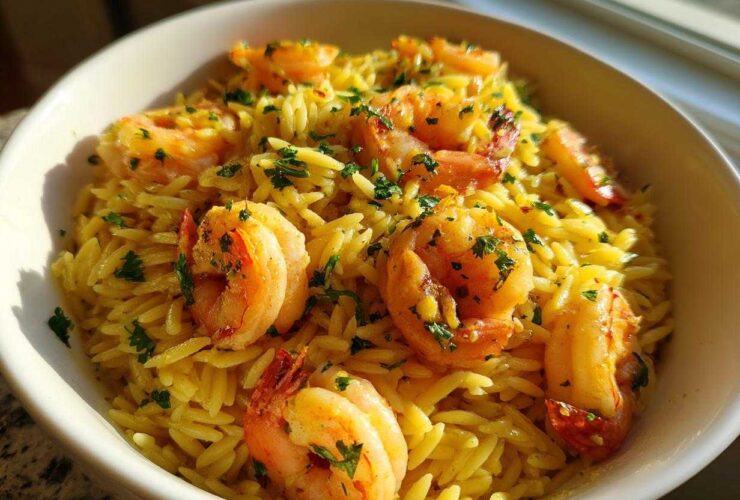 A close-up of a white bowl filled with bright yellow Lemon Garlic Shrimp Orzo, topped with cooked shrimp and fresh parsley.