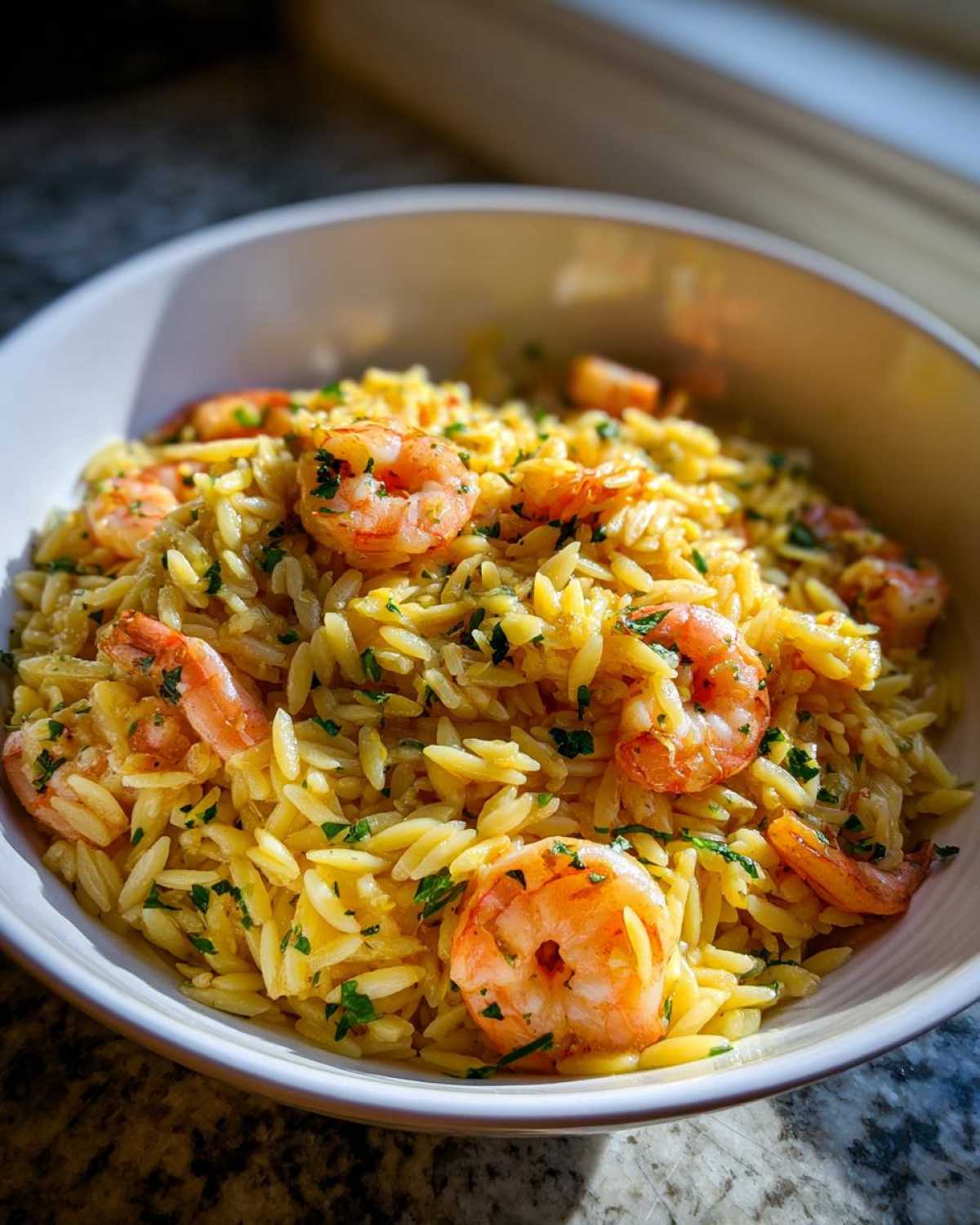 A white bowl filled with Lemon Garlic Shrimp Orzo One Pan Dinner, garnished with fresh parsley.