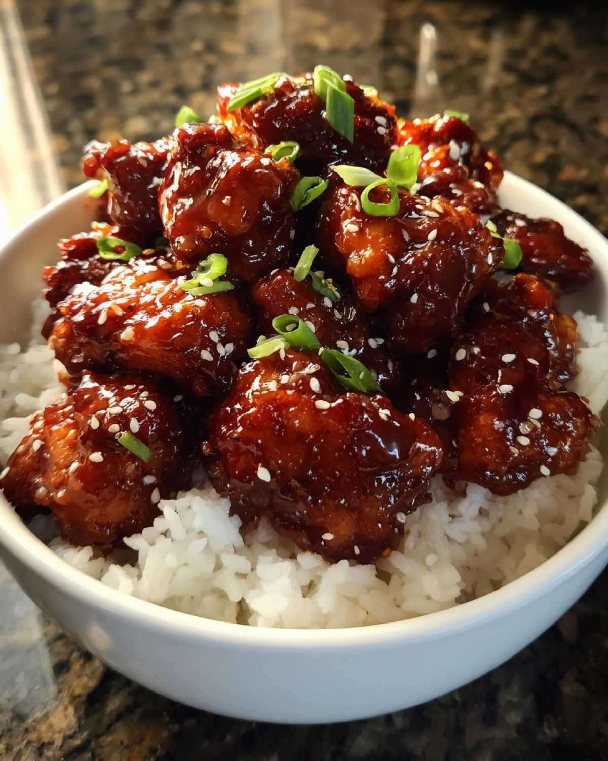 Close-up of a Sticky BBQ Chicken Bowl with Rice, featuring glazed chicken pieces topped with sesame seeds and green onions.