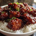 Close-up of Sticky BBQ Chicken Bowl with Rice, featuring glazed chicken pieces over white rice, topped with sesame seeds and green onions.