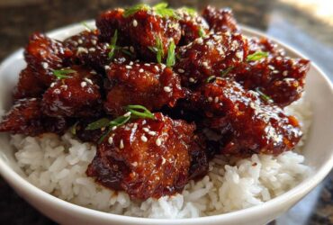 Close-up of Sticky BBQ Chicken Bowl with Rice, featuring glazed chicken pieces over white rice, topped with sesame seeds and green onions.