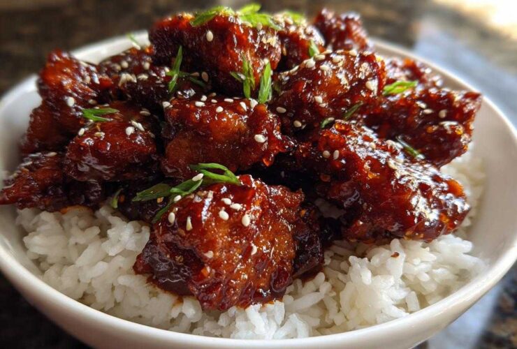 Close-up of Sticky BBQ Chicken Bowl with Rice, featuring glazed chicken pieces over white rice, topped with sesame seeds and green onions.