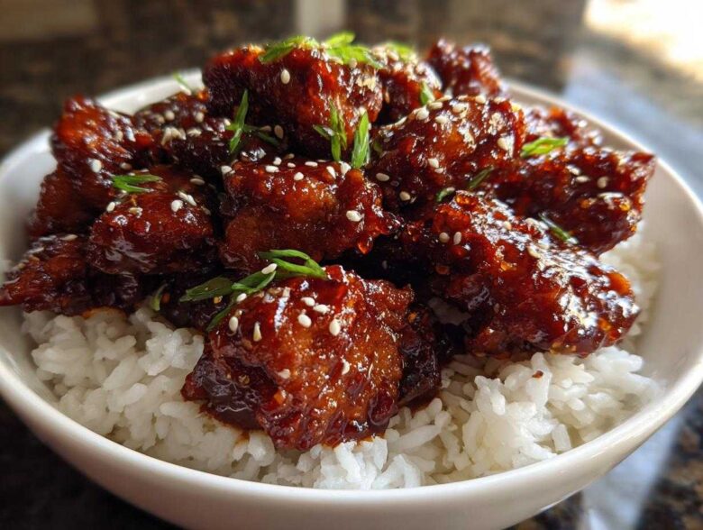 Close-up of Sticky BBQ Chicken Bowl with Rice, featuring glazed chicken pieces over white rice, topped with sesame seeds and green onions.