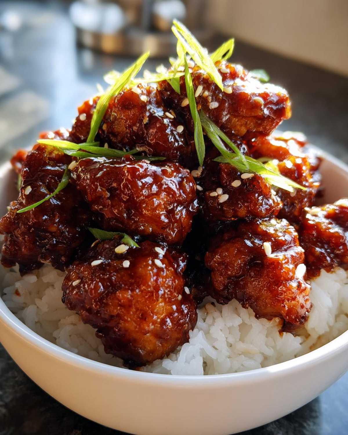 Close-up of crispy chicken pieces coated in sticky BBQ sauce served over white rice, garnished with sesame seeds and green onions.