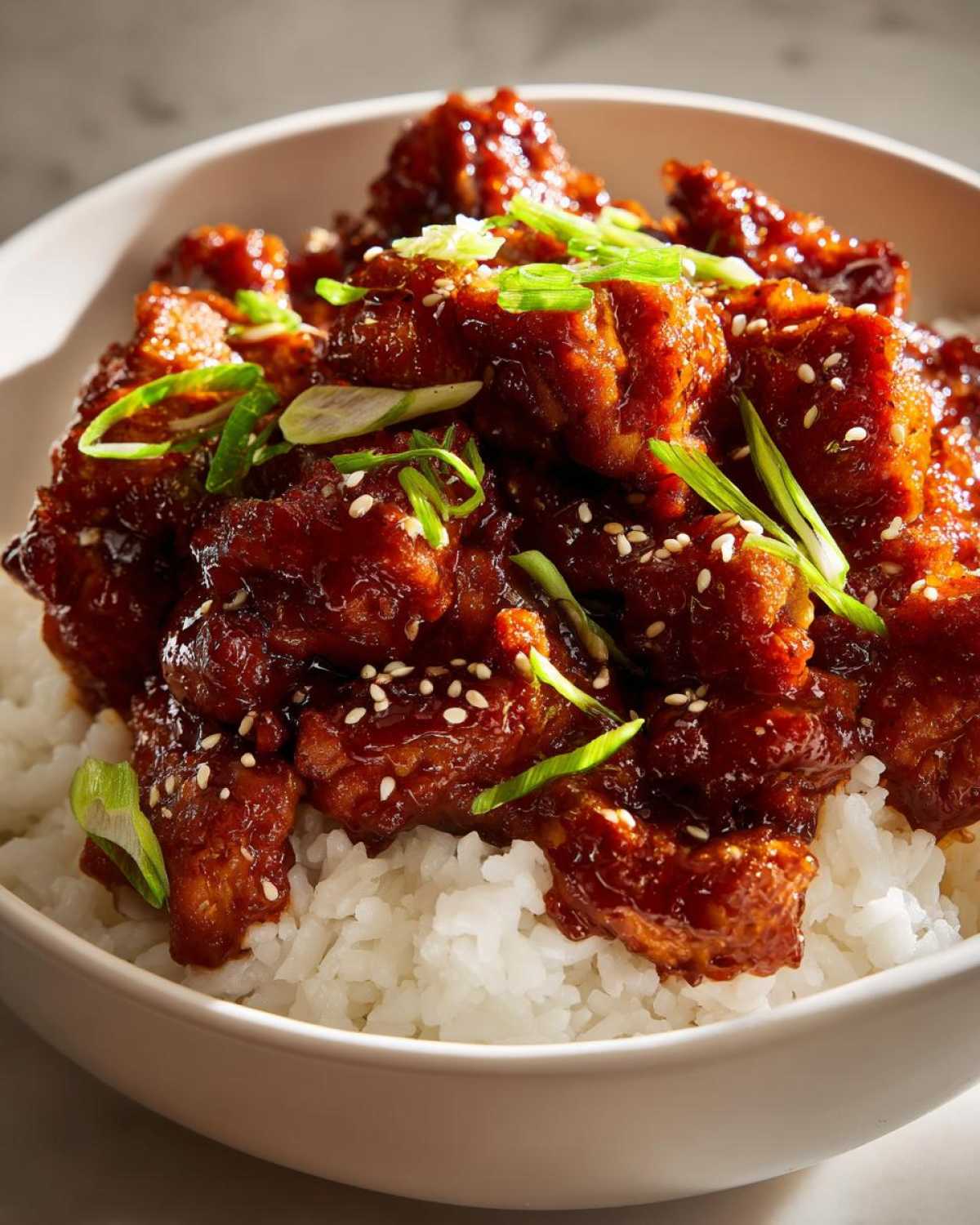 Close-up of a Sticky BBQ Chicken Bowl with Rice, featuring glazed chicken pieces over white rice, topped with green onions and sesame seeds.
