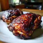 Two glistening, caramelized chicken thighs coated in a dark, sticky BBQ honey glaze served on a white plate.