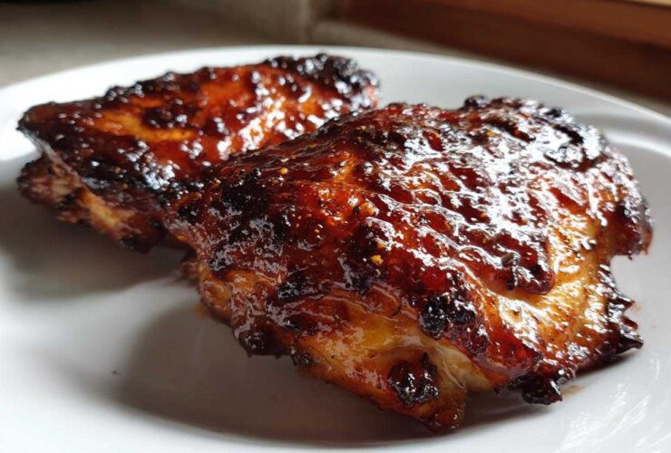 Close-up of two perfectly cooked Sticky BBQ Chicken Thighs with Honey Glaze on a white plate.