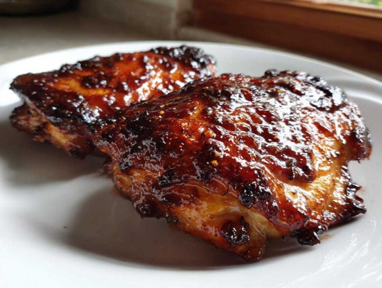 Close-up of two perfectly cooked Sticky BBQ Chicken Thighs with Honey Glaze on a white plate.