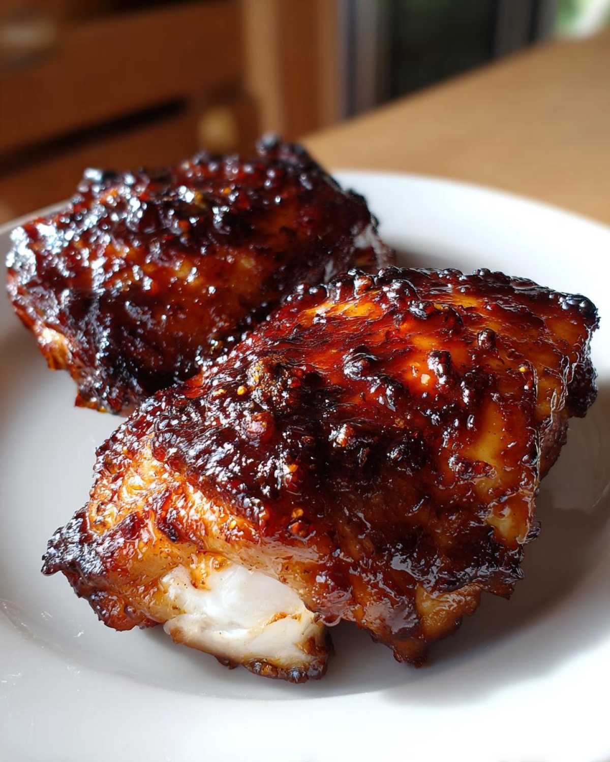 Two pieces of juicy chicken thighs covered in a thick, dark, sticky BBQ chicken thighs with honey glaze, served on a white plate.