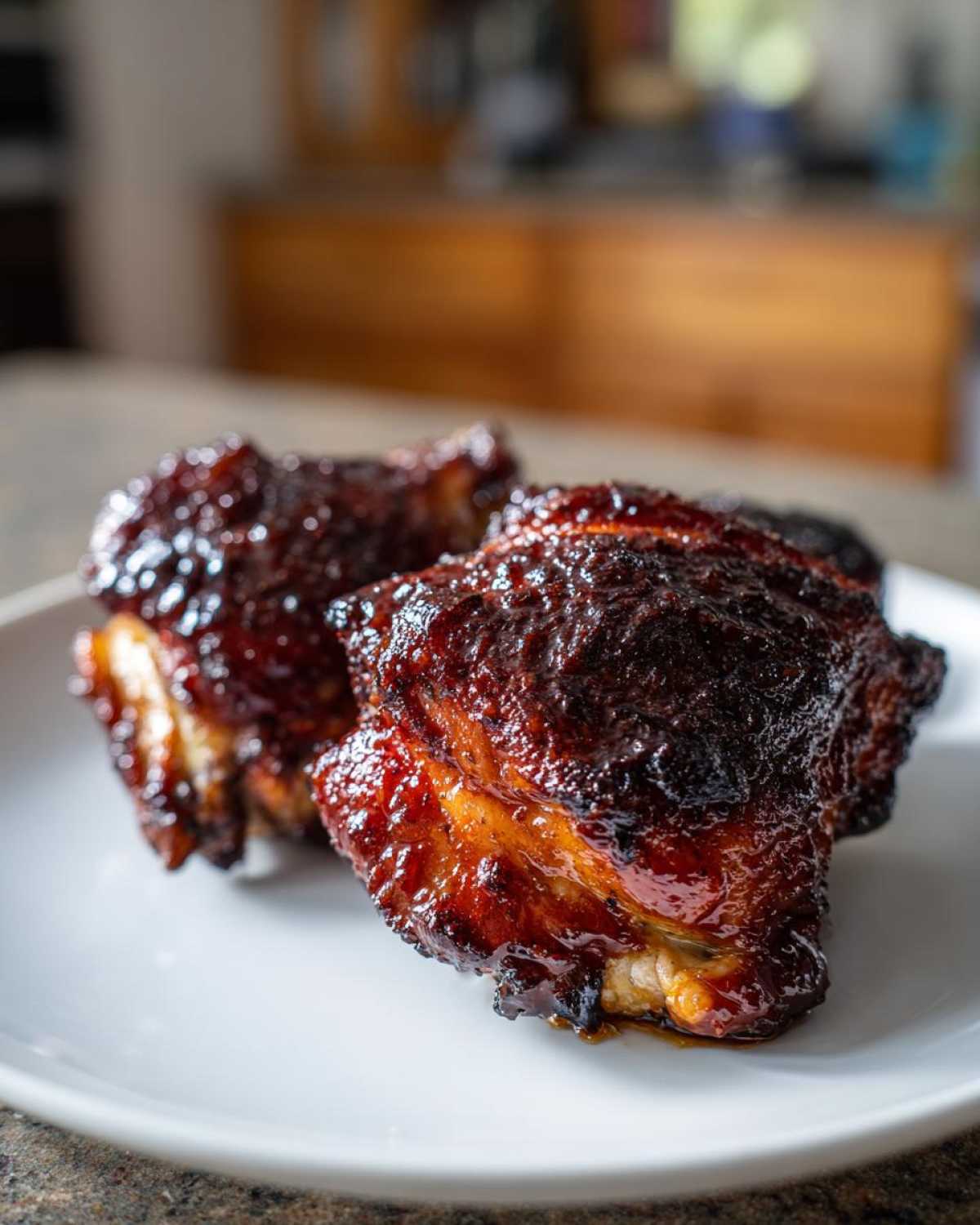 Two pieces of perfectly cooked Sticky BBQ Chicken Thighs with Honey Glaze, glistening on a white plate.