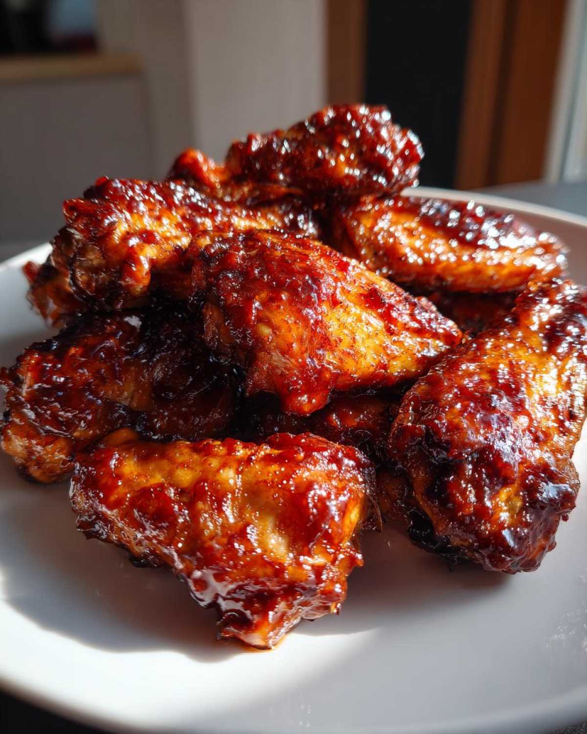 A pile of crispy oven Sticky BBQ Chicken Wings coated in a thick, glossy, dark red sauce, served on a white plate.