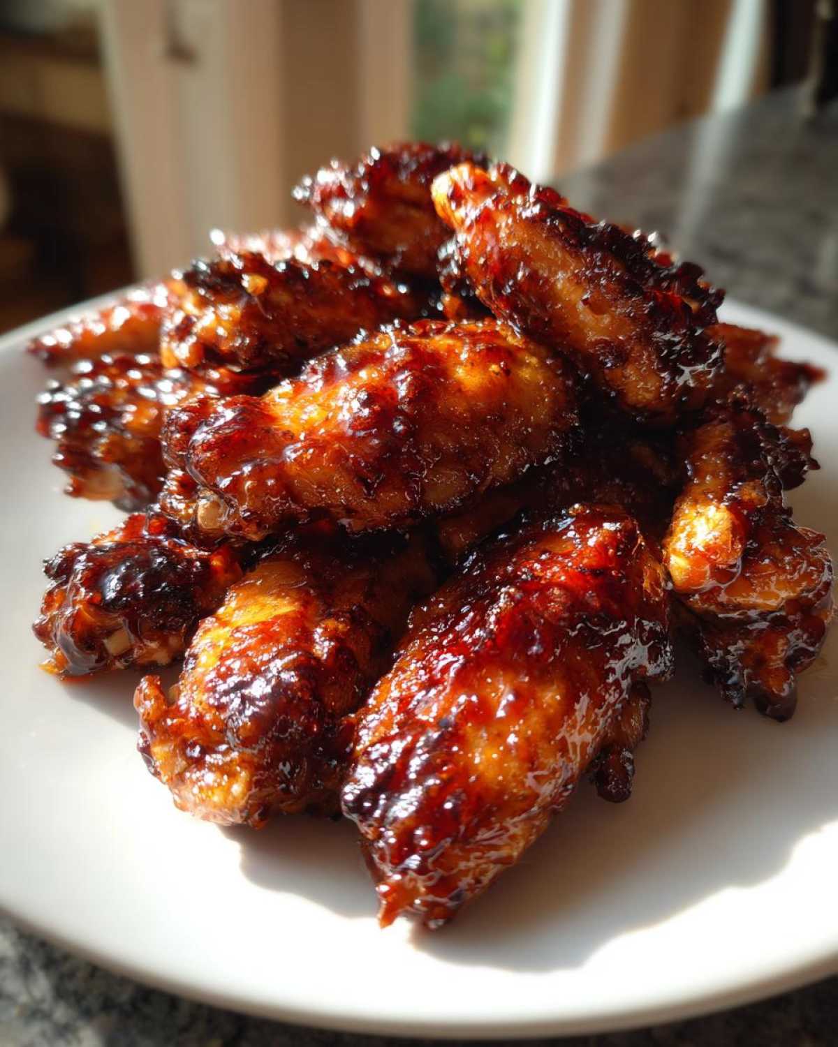 A pile of glistening, crispy Sticky BBQ Chicken Wings Oven Style, coated in a dark, rich sauce.