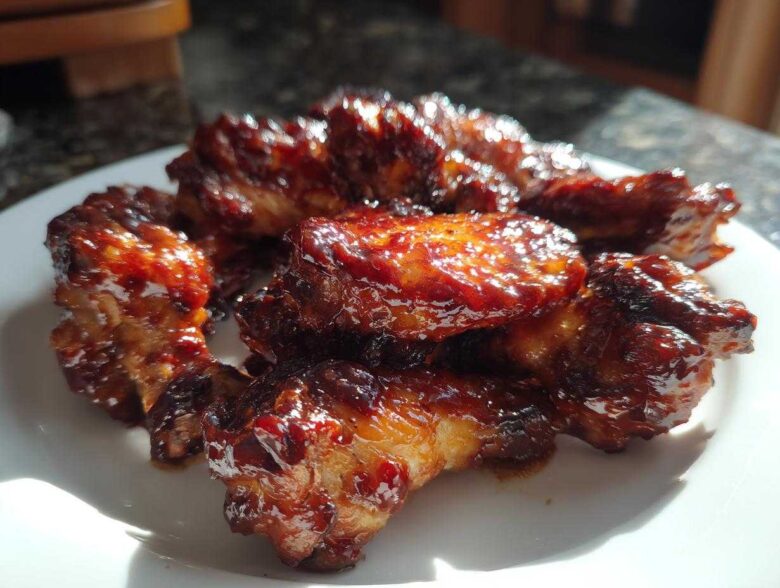 A close-up of several Sticky BBQ Chicken Wings Crispy Oven Style coated in a thick, glossy sauce on a white plate.