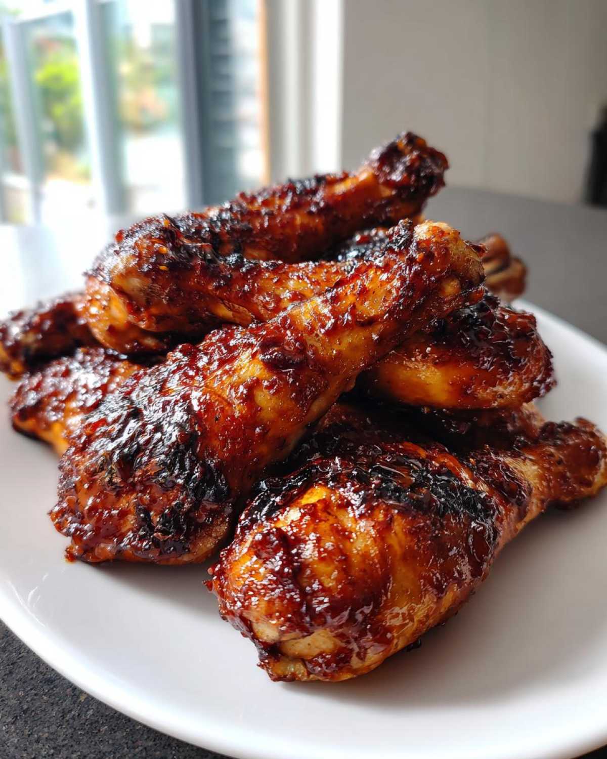 A close-up of several Sticky Honey Garlic Chicken Drumsticks Crispy piled high on a white plate.