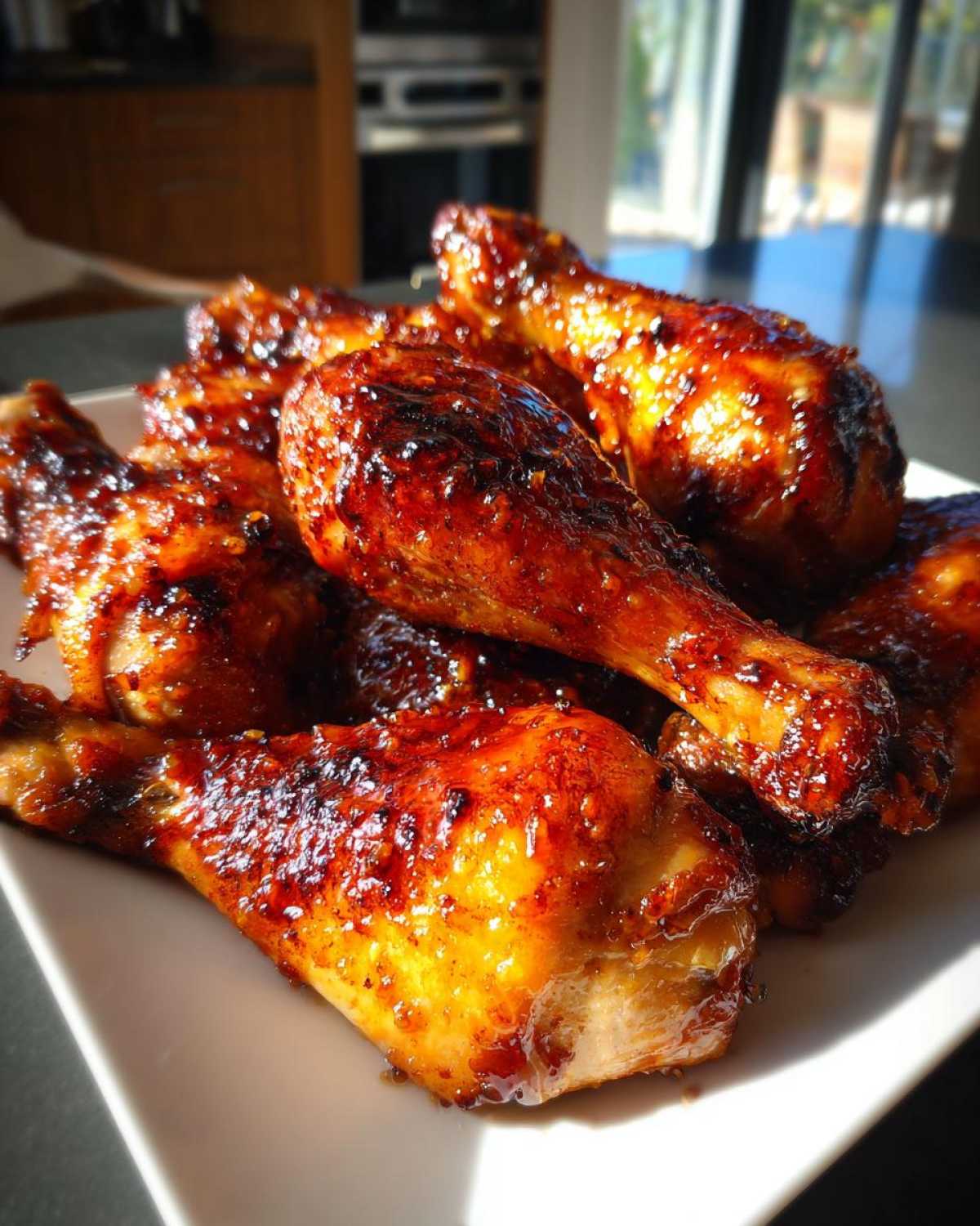 Close-up of several Sticky Honey Garlic Chicken Drumsticks Crispy piled on a white plate, glistening with glaze.