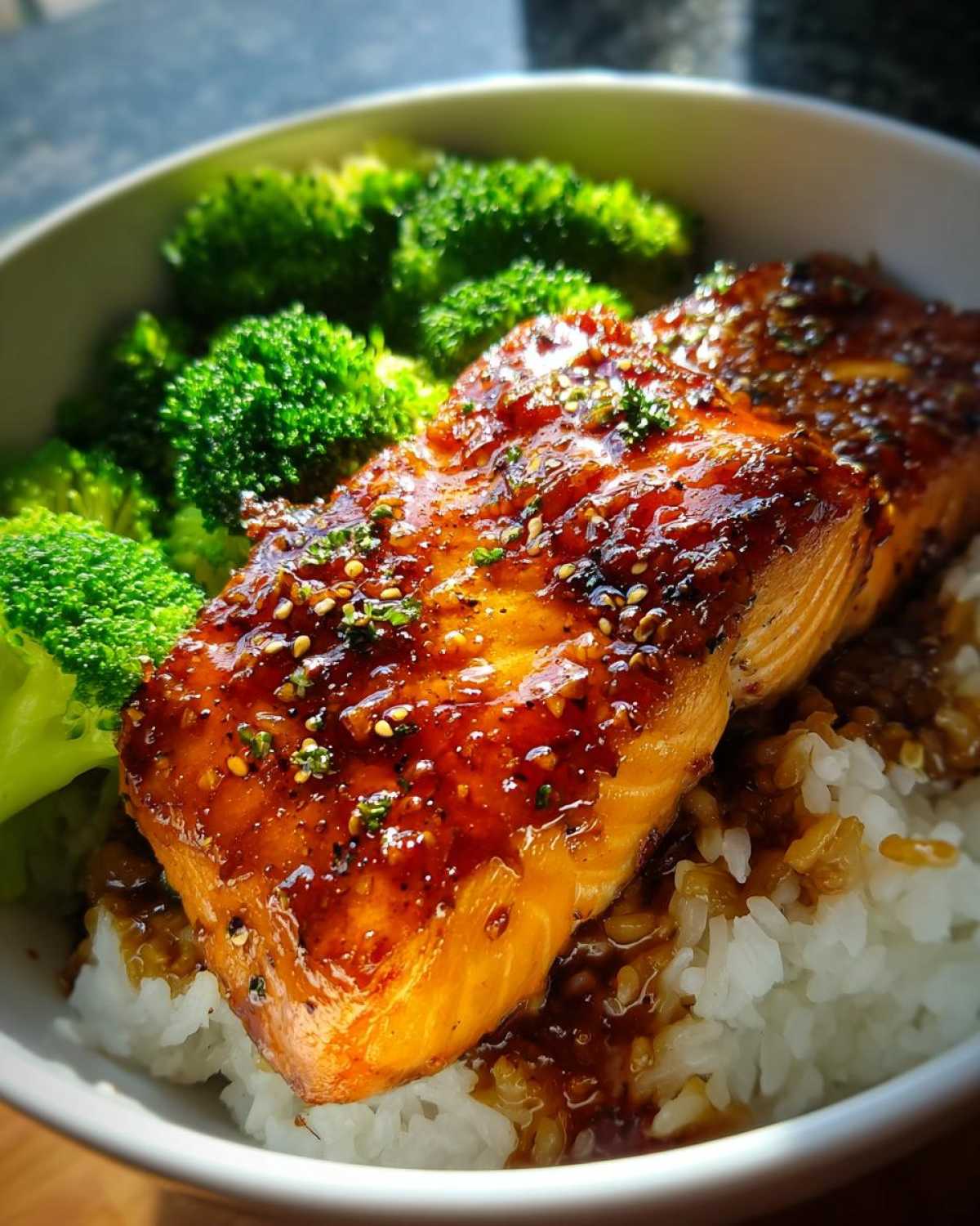 Close-up of a Sticky Honey Soy Salmon fillet with a glossy glaze served over white rice and bright green steamed broccoli.