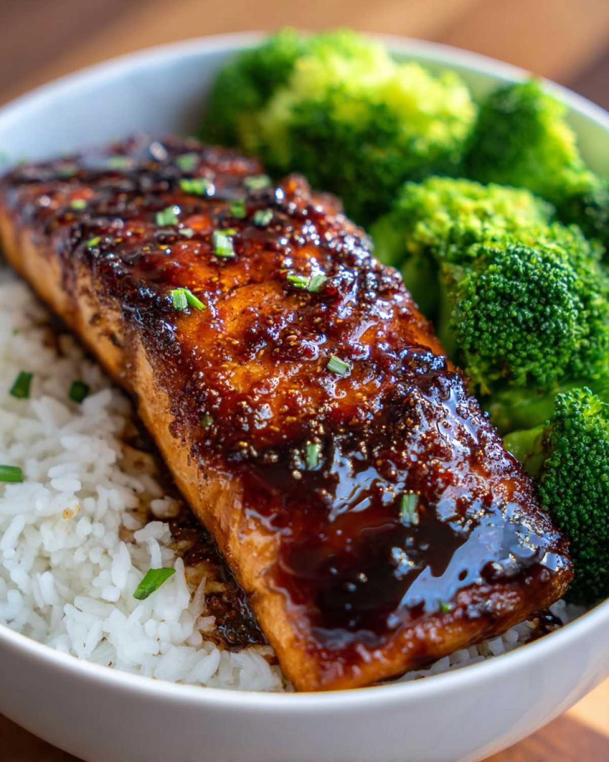 Close-up of a perfectly cooked Sticky Honey Soy Salmon fillet glazed with sauce, served over white rice and steamed broccoli.