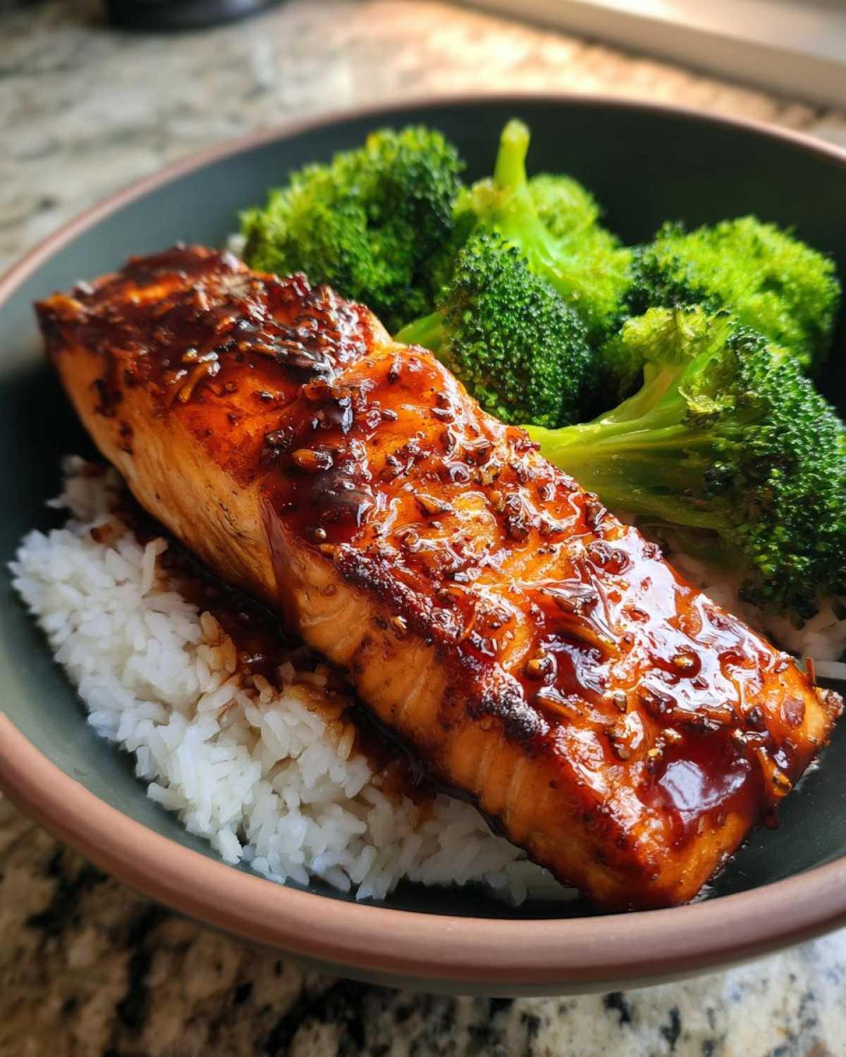 Close-up of a fillet of Sticky Honey Soy Salmon glazed with sauce, served over white rice and steamed broccoli.