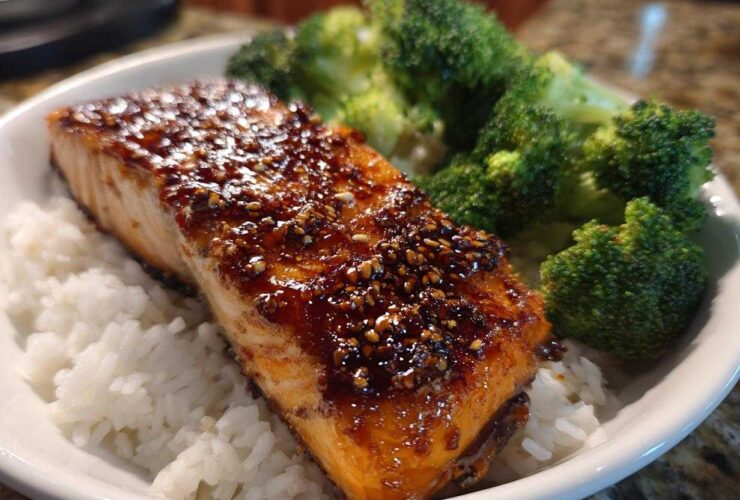 A perfectly cooked fillet of Sticky Honey Soy Salmon glazed with sauce and sesame seeds, served over white rice with steamed broccoli.