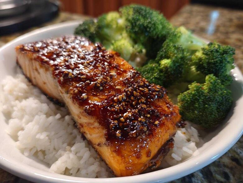 A perfectly cooked fillet of Sticky Honey Soy Salmon glazed with sauce and sesame seeds, served over white rice with steamed broccoli.