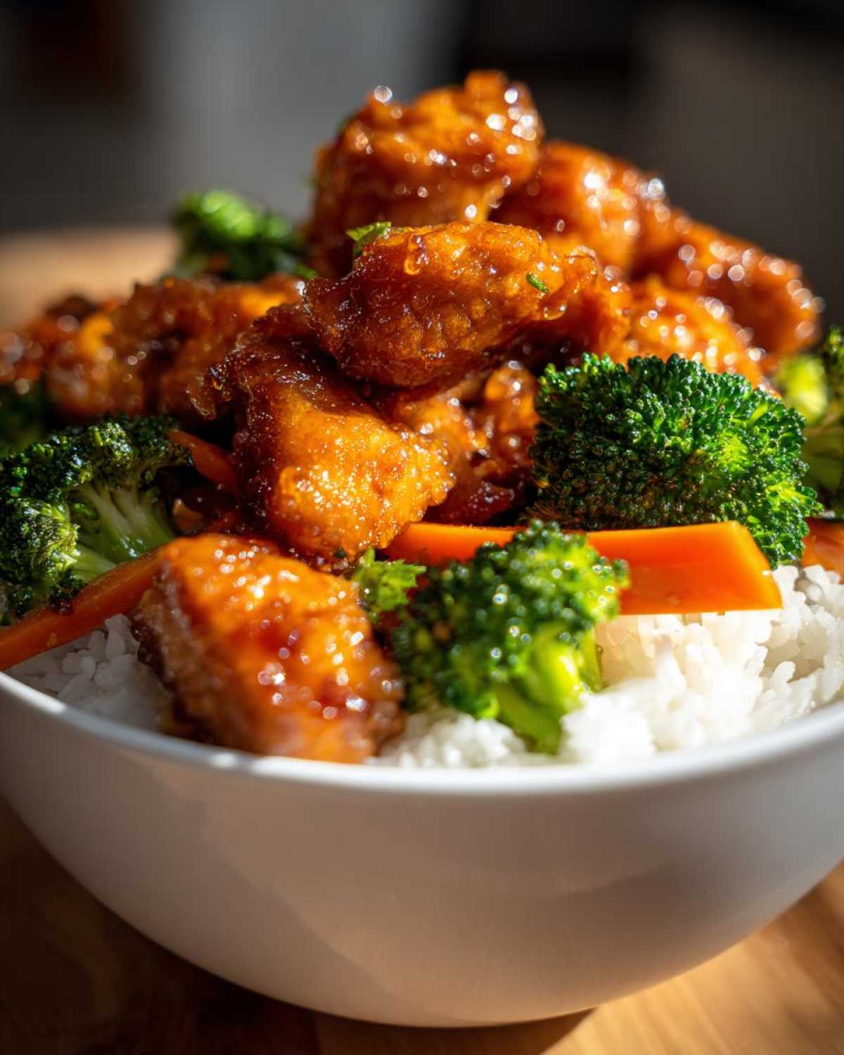 Close-up of a white bowl filled with white rice, topped with glazed Sticky Orange Chicken Bowl with Rice and Veggies, broccoli, and carrots.