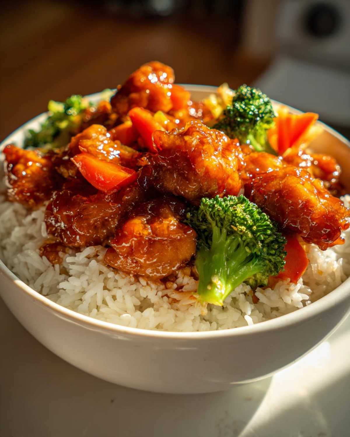 A close-up of a Sticky Orange Chicken Bowl with rice, topped with glazed chicken pieces, bright green broccoli, and orange peppers.