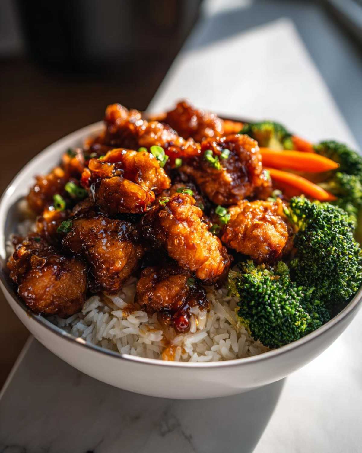 Close-up of a Sticky Orange Chicken Bowl featuring crispy chicken coated in glaze over white rice with steamed broccoli and carrots.