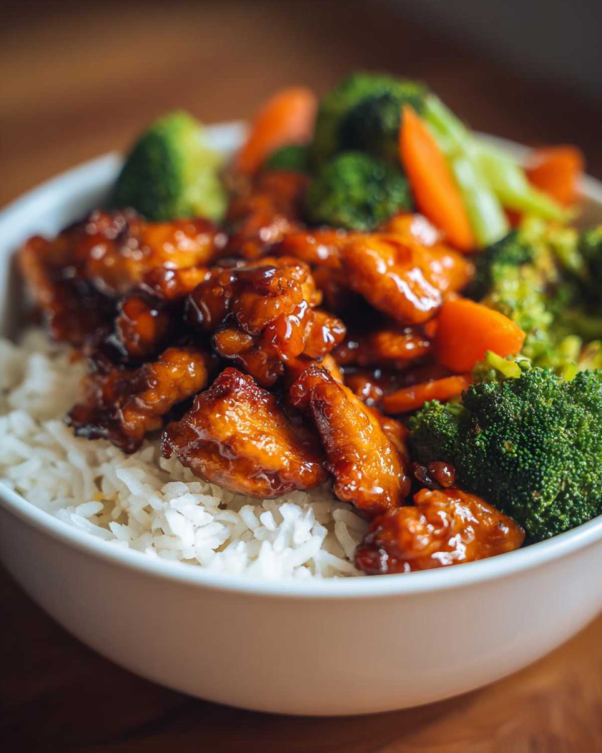 Close-up of a Sticky Orange Chicken Bowl featuring glazed chicken pieces over white rice with bright green broccoli and sliced carrots.