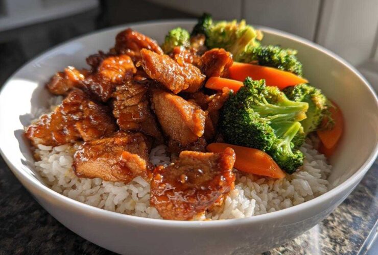 A close-up of a white bowl filled with Sticky Orange Chicken Bowl with Rice and Veggies, featuring glazed chicken pieces over white rice and bright green broccoli florets.