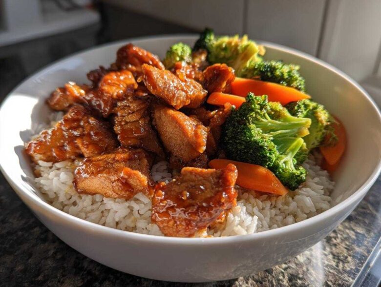 A close-up of a white bowl filled with Sticky Orange Chicken Bowl with Rice and Veggies, featuring glazed chicken pieces over white rice and bright green broccoli florets.