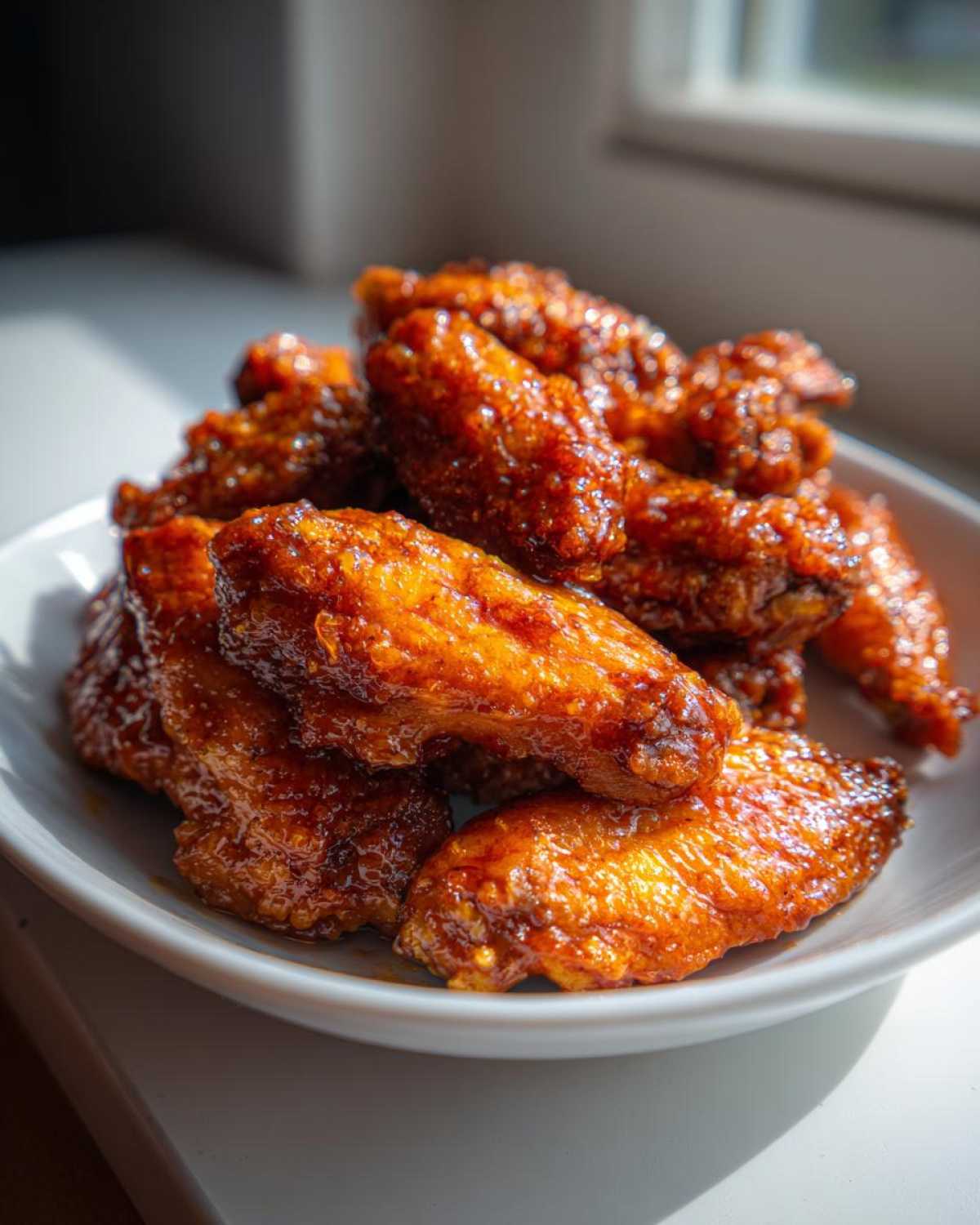 A pile of glossy, caramelized Sticky Orange Chicken Wings Crispy Oven Style piled high on a white plate.